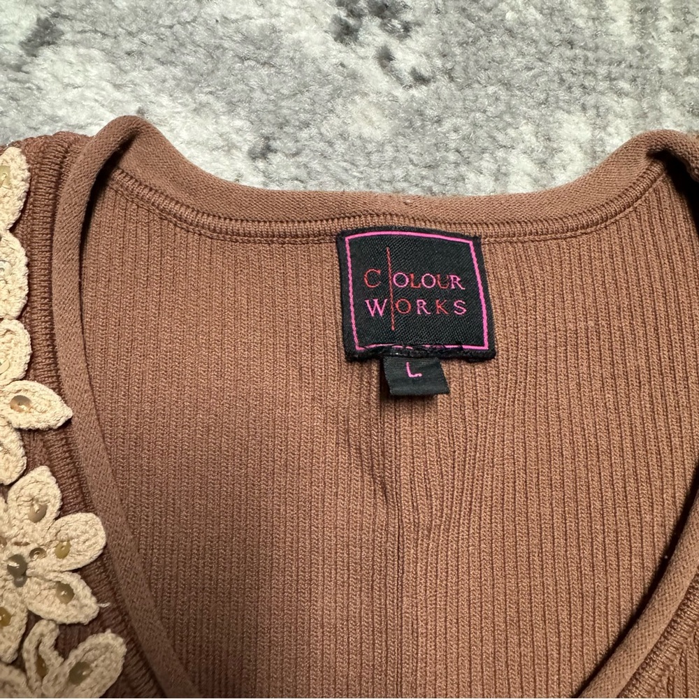 Color Works Brown Floral Sequin Embroidered Ribbed Compression Tank - Picture 7 of 7
